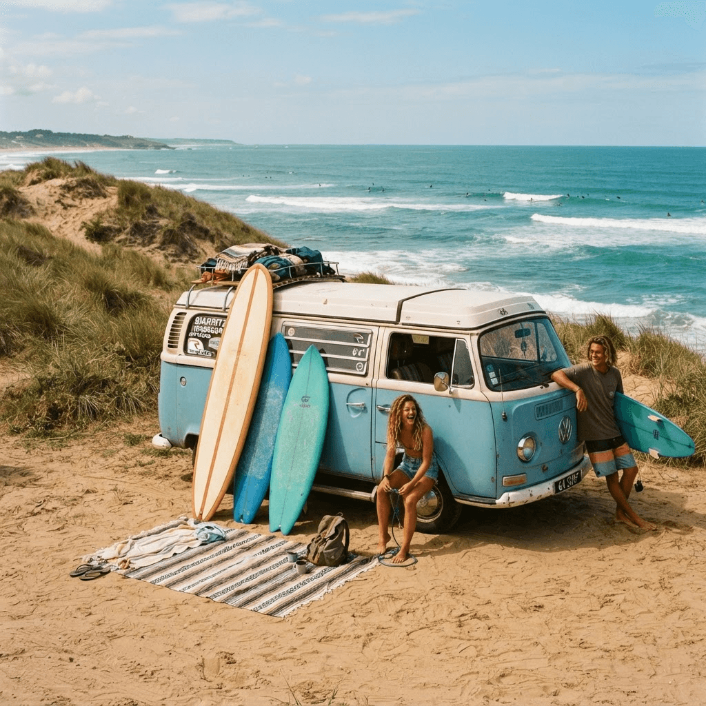 Un van de surf garé au bord de la plage avec des planches, côte Atlantique française